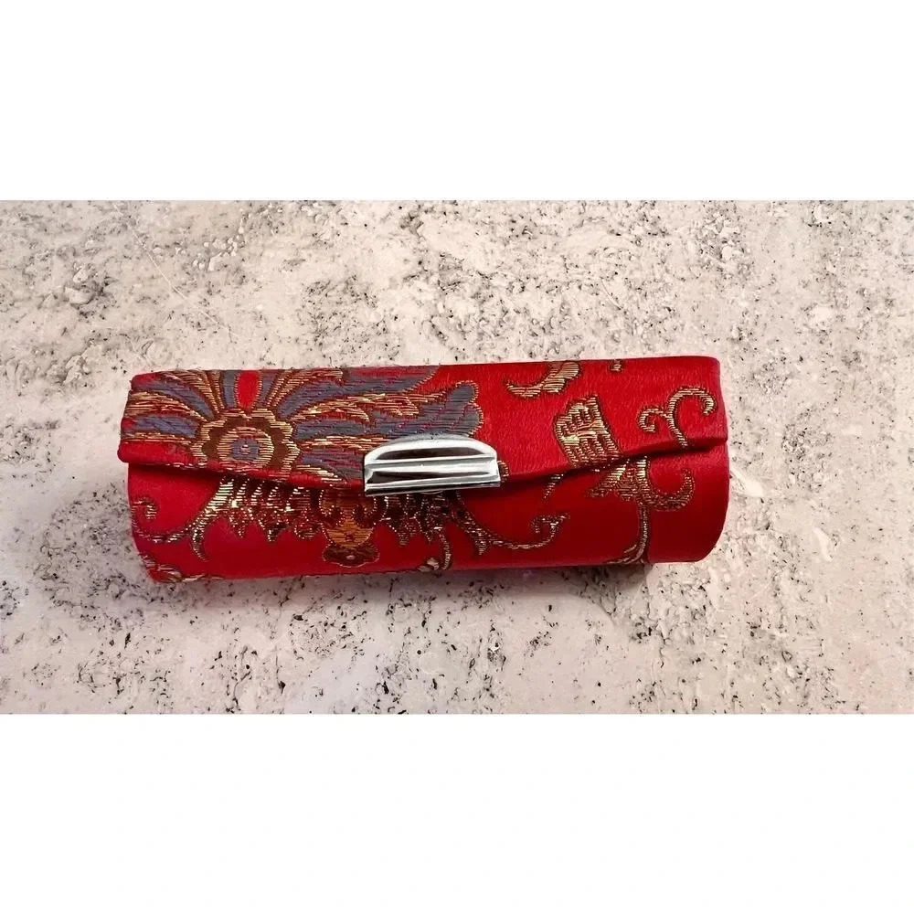 Womens Red Vintage Floral Brocade metallic embroidered Landscape Lipstick Case H